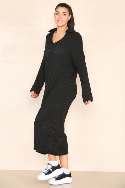 Collar V-Neck Knitted Midi Dress