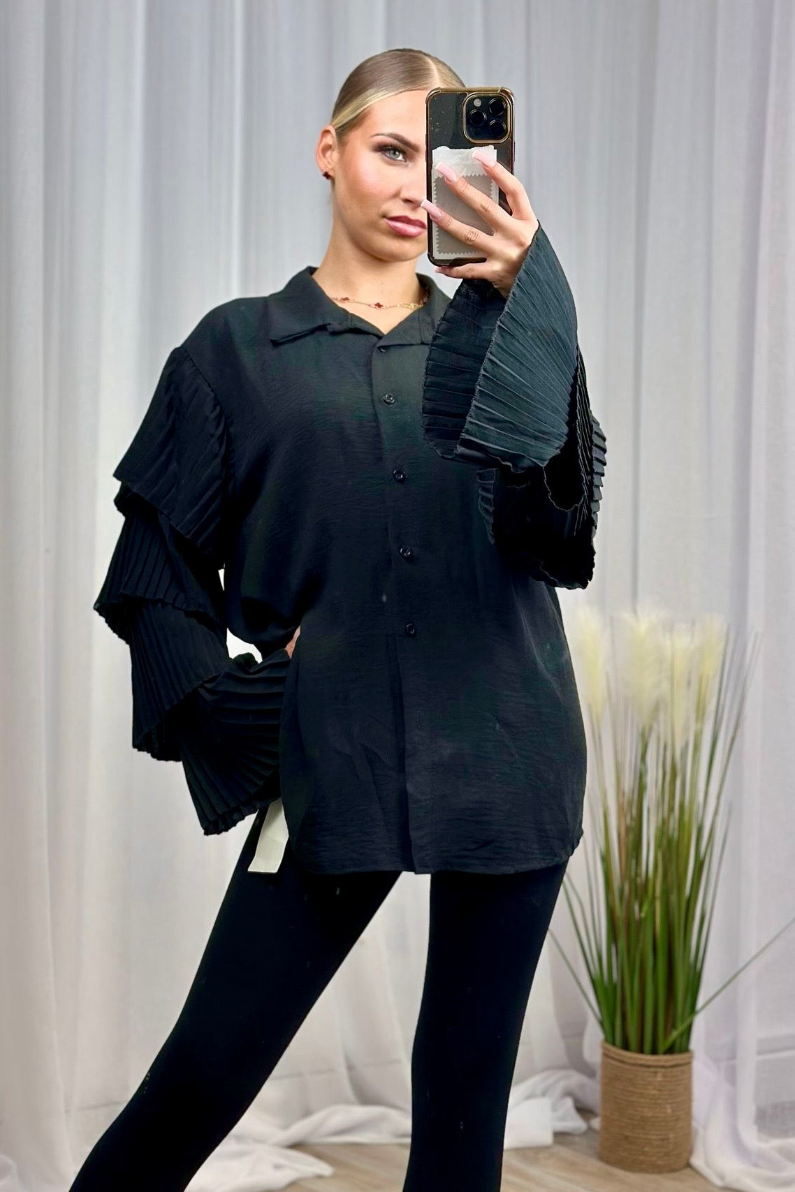 Black Pleated Ruffle Sleeve Oversized Shirt