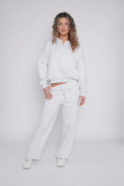 Zip-Up Sweatshirt & Wide-Leg Jogger Co-Ord Lounge Set - Grey