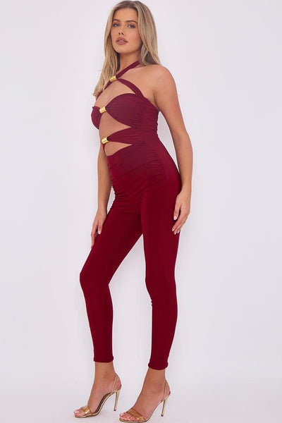 Burgundy Cut-Out Halter Jumpsuit with Gold Hardware