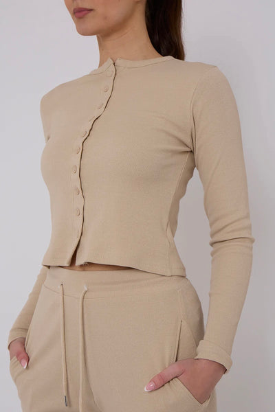 Ribbed Co-Ord Lounge Set – Buttoned Crop Top & Drawstring Trousers