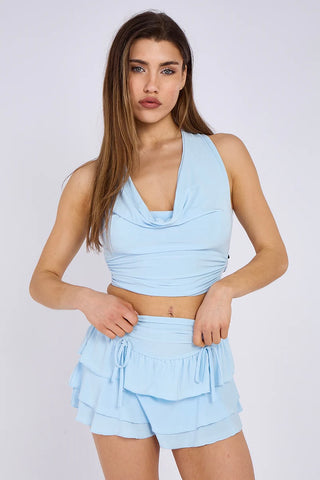 Sky Blue Ruffle Halter Crop Top & Shorts Co-ord Set