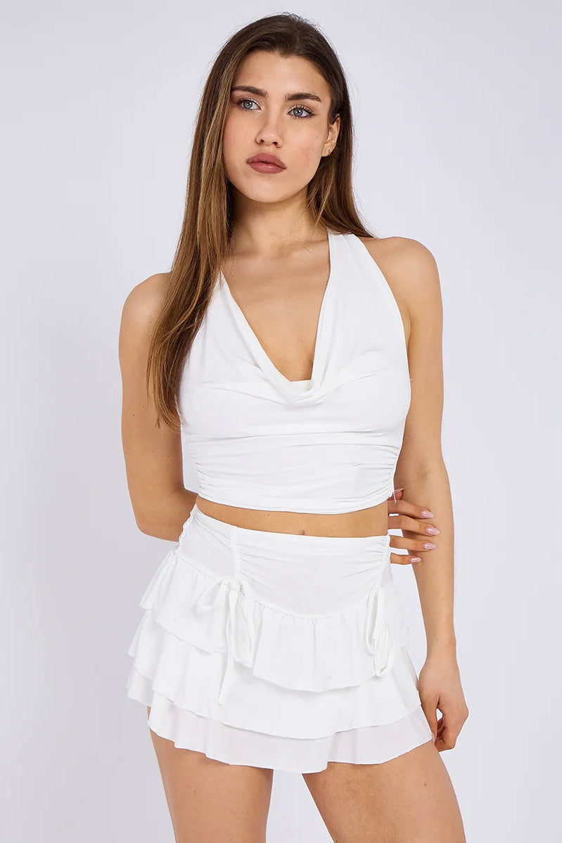White Ruffle Halter Crop Top & Shorts Co-ord Set