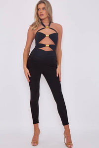 Black Cut-Out Halter Jumpsuit with Gold Hardware