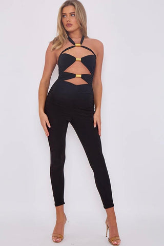 Black Cut-Out Halter Jumpsuit with Gold Hardware