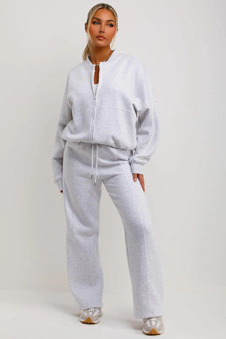 Relaxed Fit Zip-Up Sweatshirt and Jogger Set - Grey