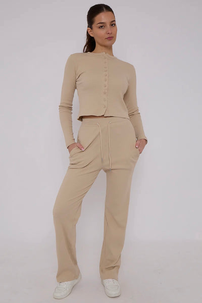 Ribbed Co-Ord Lounge Set – Buttoned Crop Top & Drawstring Trousers