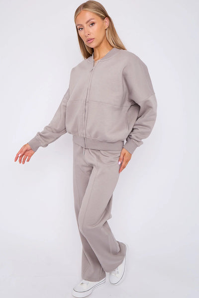 Zip-Up Sweatshirt & Wide-Leg Jogger Co-Ord Lounge Set - Dove Grey