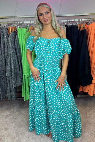 Polka Dot Button Down Front Maxi Summer Dress - Aqua