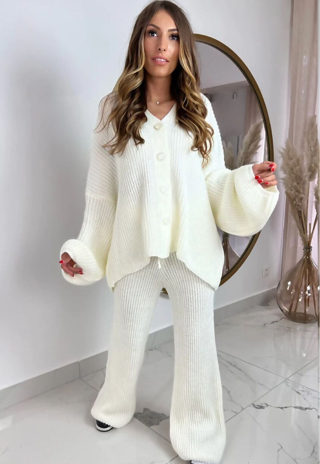 CHUNKY KNITTED CARDIGAN & FLARED TROUSERS SET - CREAM