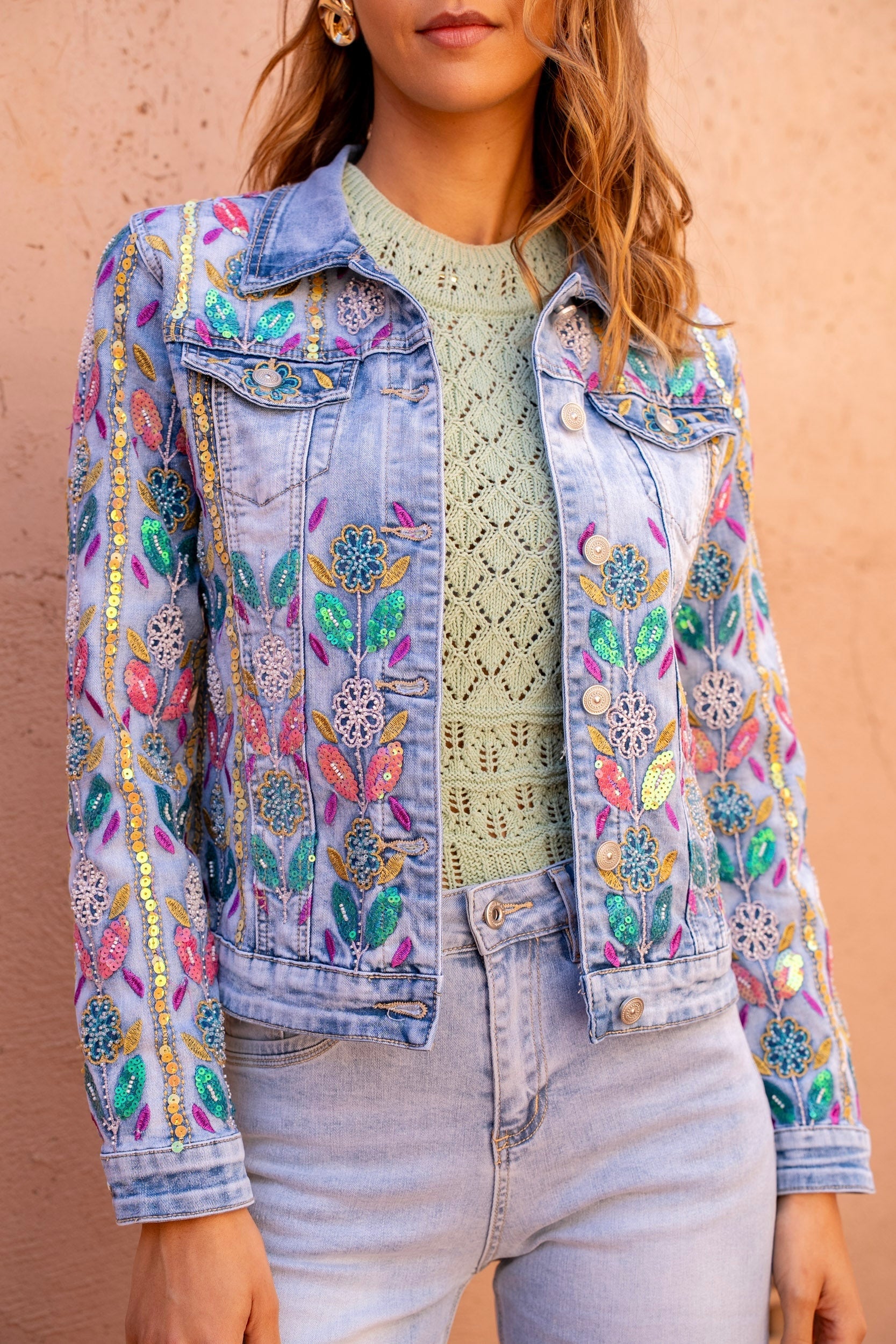 Denim Embroidered Sequin Floral Denim Jacket
