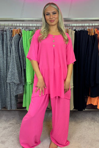 Oversized Crew Neck Button Front Wide Leg Trousers Two Piece Set - Hot Pink