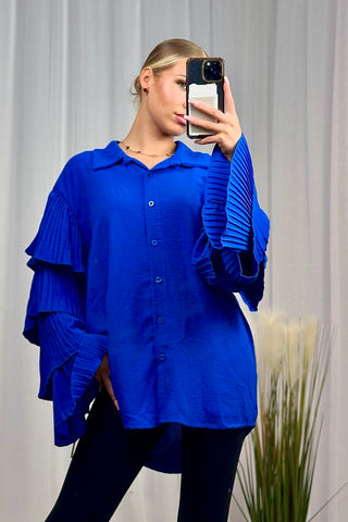 Royal Blue Pleated Ruffle Sleeve Oversized Shirt