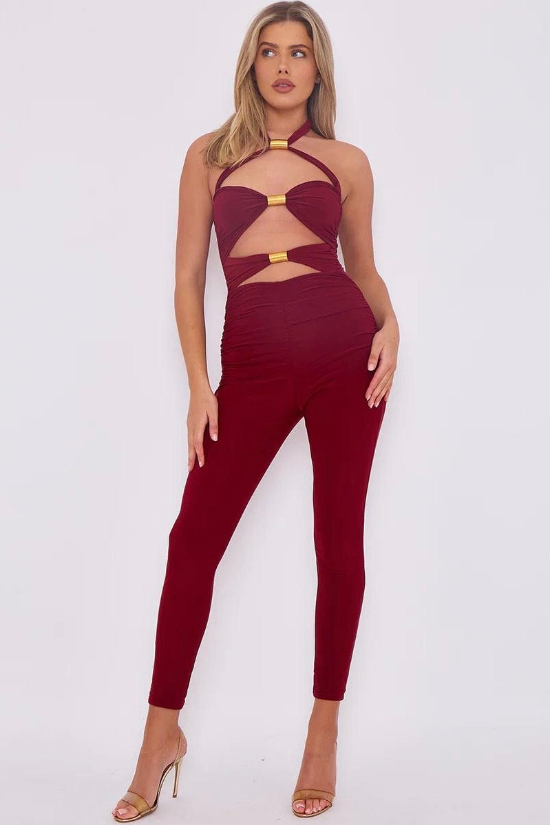 Burgundy Cut-Out Halter Jumpsuit with Gold Hardware