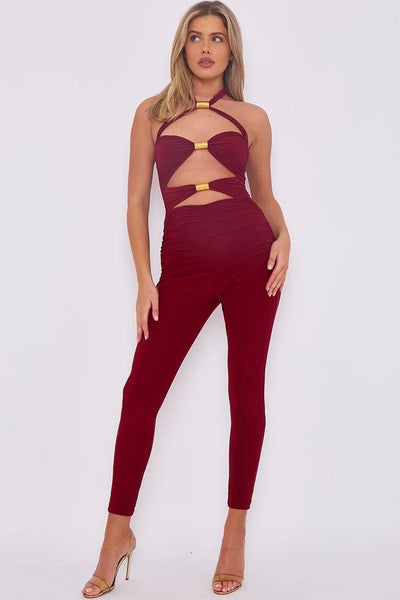 Burgundy Cut-Out Halter Jumpsuit with Gold Hardware