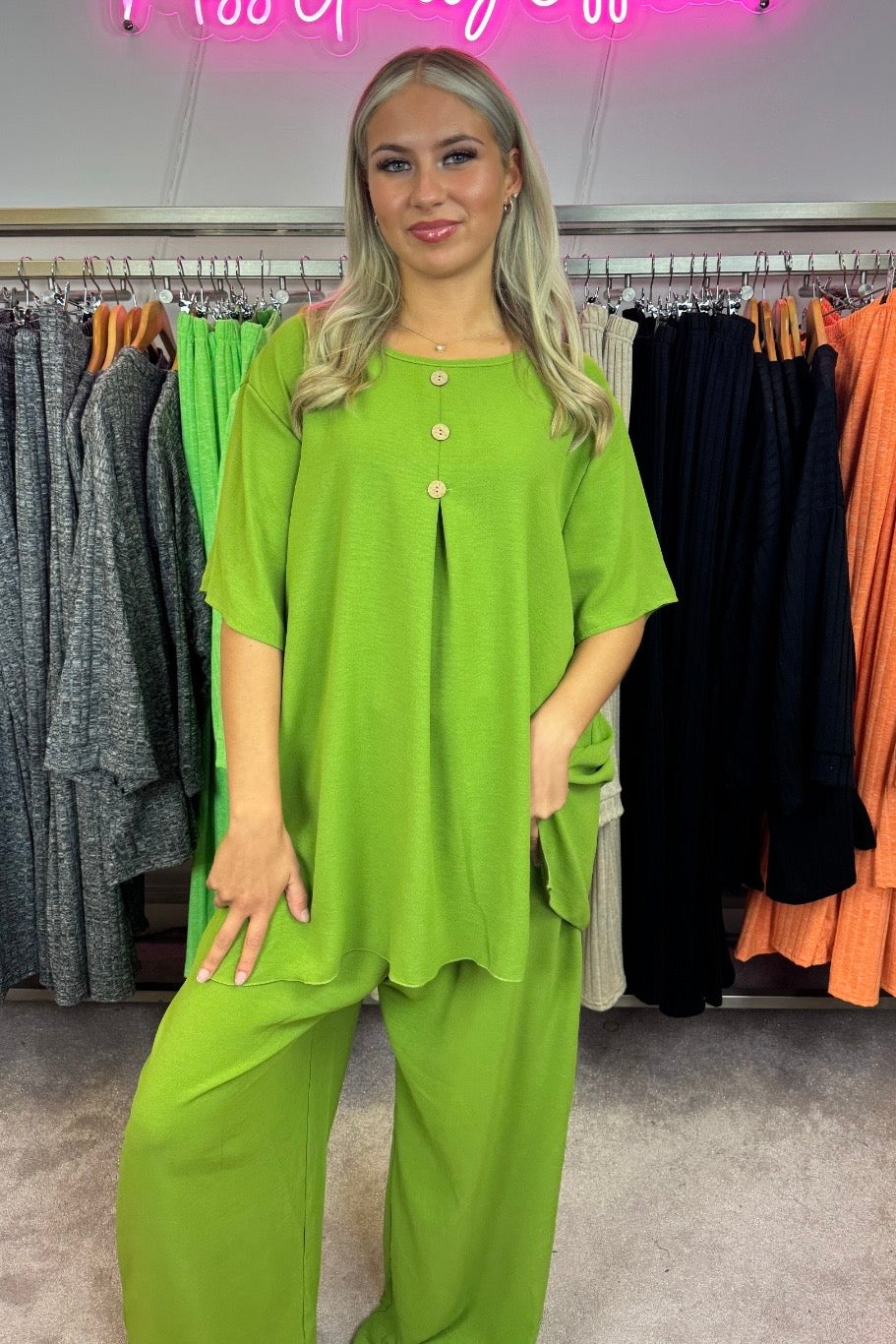 Oversized Crew Neck Button Front Wide Leg Trousers Two Piece Set - Green