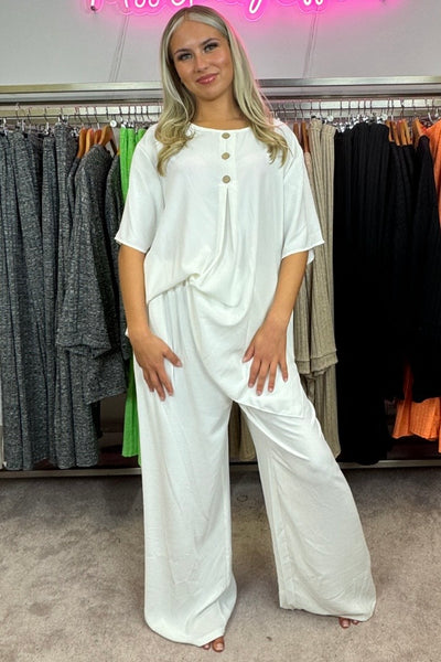 Oversized Crew Neck Button Front Wide Leg Trousers Two Piece Set - White