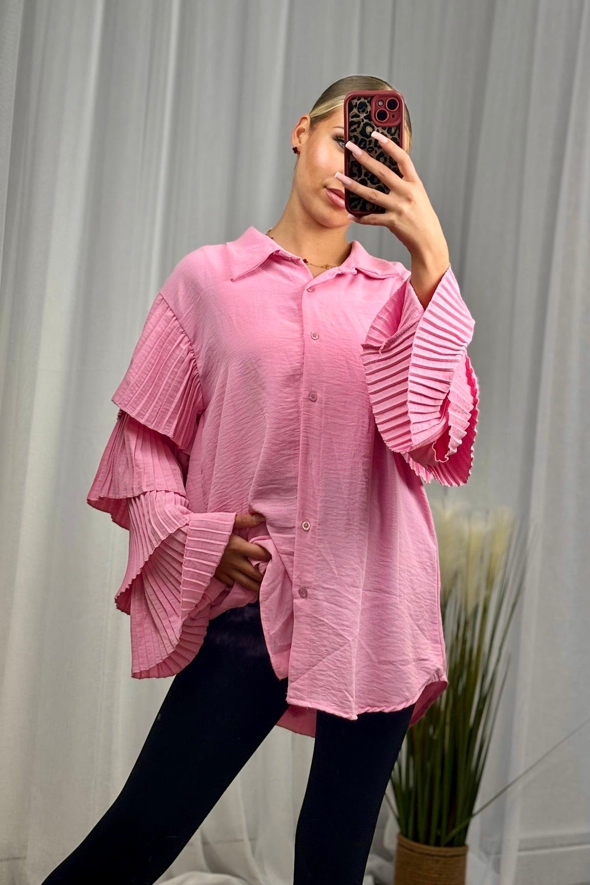Pink Pleated Ruffle Sleeve Oversized Shirt