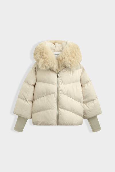 Winter Luxe Puffer Coat with Full Length Faux Fur Trim - Cream