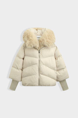 Winter Luxe Puffer Coat with Full Length Faux Fur Trim - Cream