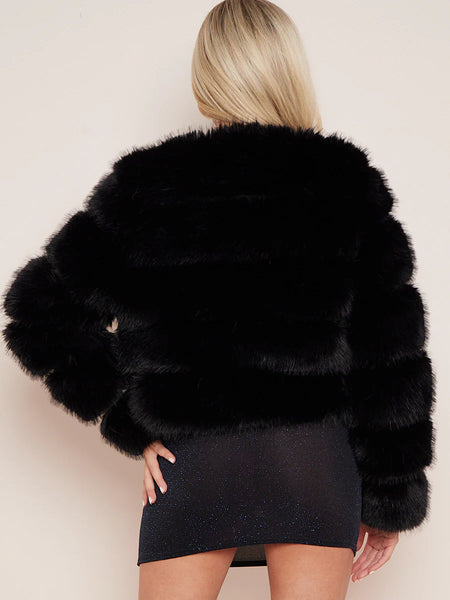 CROPPED PREMIUM FAUX FUR  COAT - BLACK