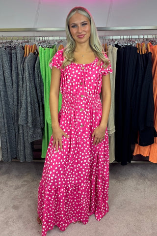 Polka Dot Button Down Front Maxi Summer Dress - Pink