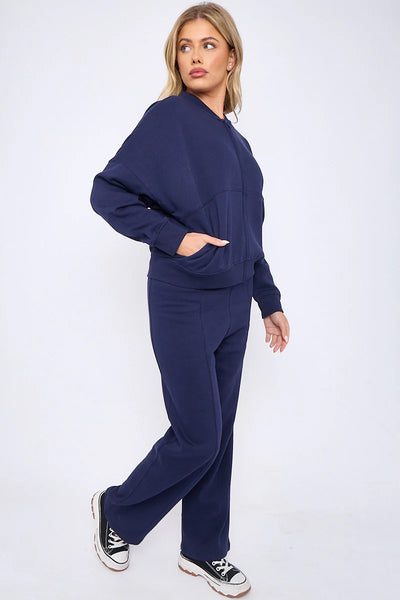 Zip-Up Sweatshirt & Wide-Leg Jogger Co-Ord Lounge Set - Navy