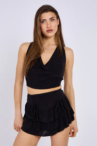 Black Ruffle Halter Crop Top & Shorts Co-ord Set