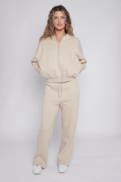 Zip-Up Sweatshirt & Wide-Leg Jogger Co-Ord Lounge Set - Beige