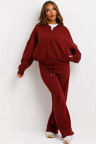 Relaxed Fit Zip-Up Sweatshirt and Jogger Set - Burgundy
