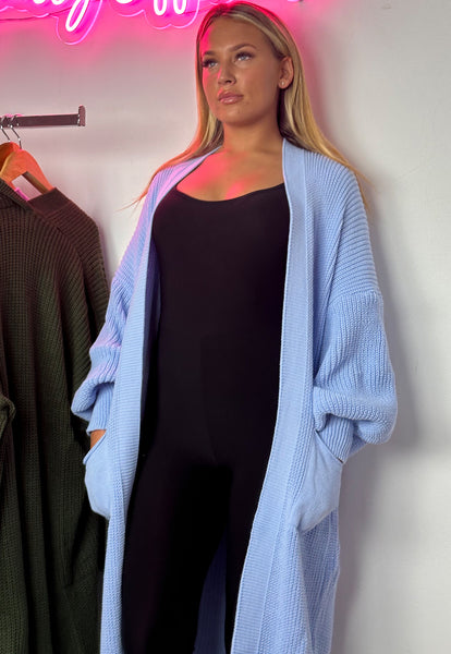 Remel Longline Knitted Balloon Sleeved Cardigan in pale blue