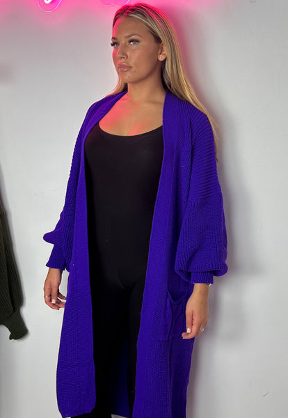 Remel Longline Knitted Balloon Sleeved Cardigan in blue