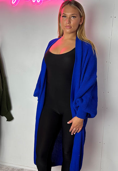 Remel Longline Knitted Balloon Sleeved Cardigan in royal blue