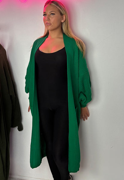 Remel Longline Knitted Balloon Sleeved Cardigan in green