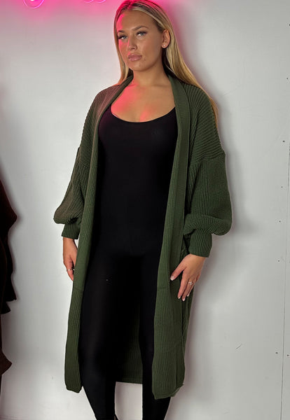 Remel Longline Knitted Balloon Sleeved Cardigan in army green