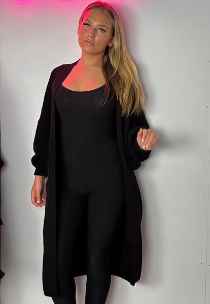 Remel Longline Knitted Balloon Sleeved Cardigan in black