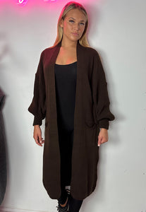 Remel Longline Knitted Balloon Sleeved Cardigan in chocolate