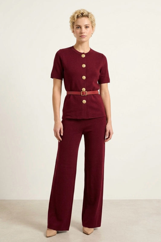 Women's Burgundy Short-Sleeve Knit Top & Wide-Leg Trousers Set