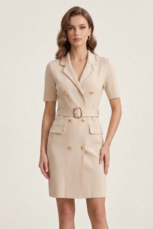 Chain-Trimmed Double-Breasted Blazer Dress - Beige