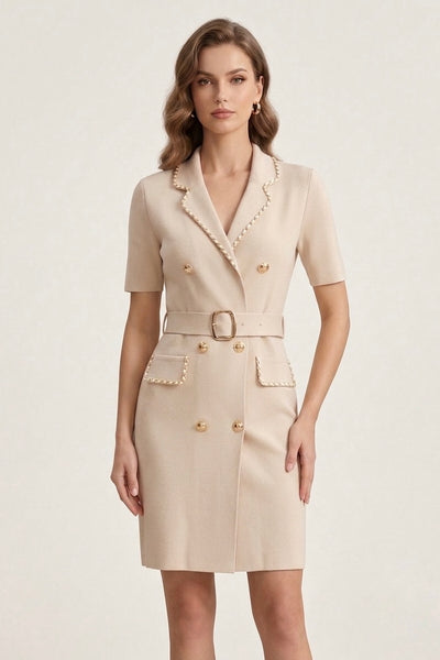 Chain-Trimmed Double-Breasted Blazer Dress - Beige