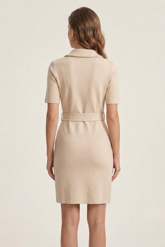 Chain-Trimmed Double-Breasted Blazer Dress - Beige