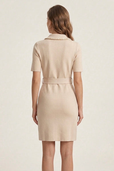 Chain-Trimmed Double-Breasted Blazer Dress - Beige