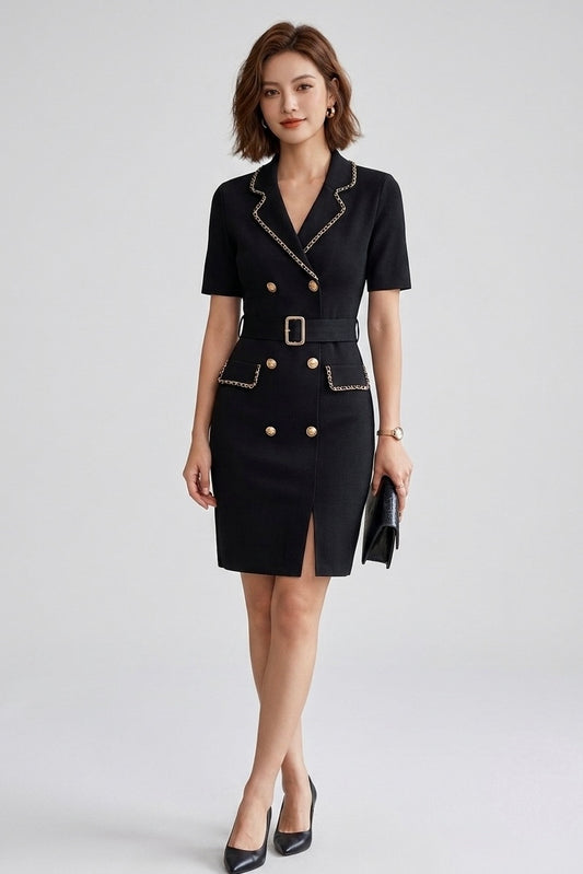 Chain-Trimmed Double-Breasted Blazer Dress - Black
