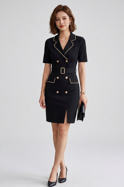Chain-Trimmed Double-Breasted Blazer Dress - Black