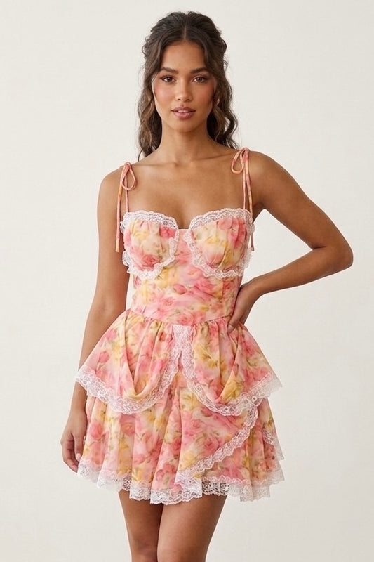 A woman modeling a pastel floral mini dress with a ruffled corset-style bodice, thin shoulder straps, and a layered ruffle skirt against a plain light background.