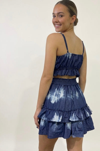 Bohemian Indigo Tie-Dye 100% Cotton Mini Skirt Set – Sequin & Tassel Details