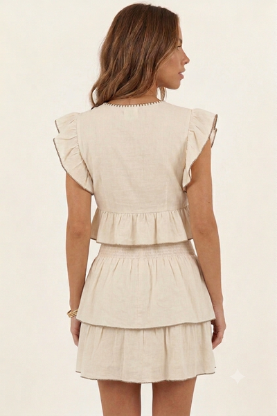 Embroidered Cotton Two-Piece Skirt Set - Beige