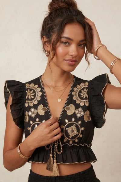 Embroidered Cotton Two-Piece Skirt Set - Black