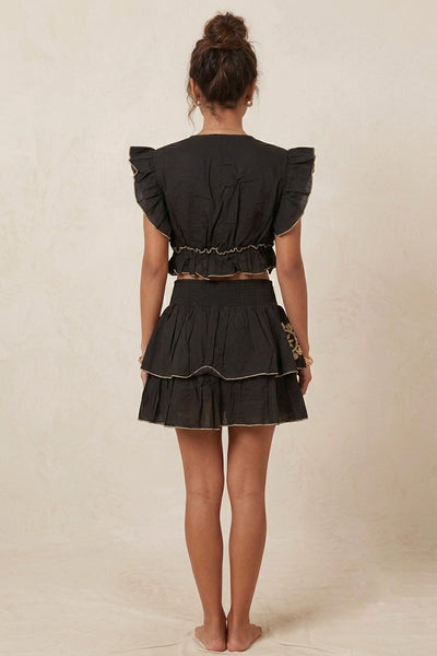 Embroidered Cotton Two-Piece Skirt Set - Black