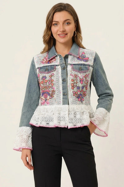EMBROIDERED LACE & SEQUIN 100% COTTON DENIM PEPLUM JACKET